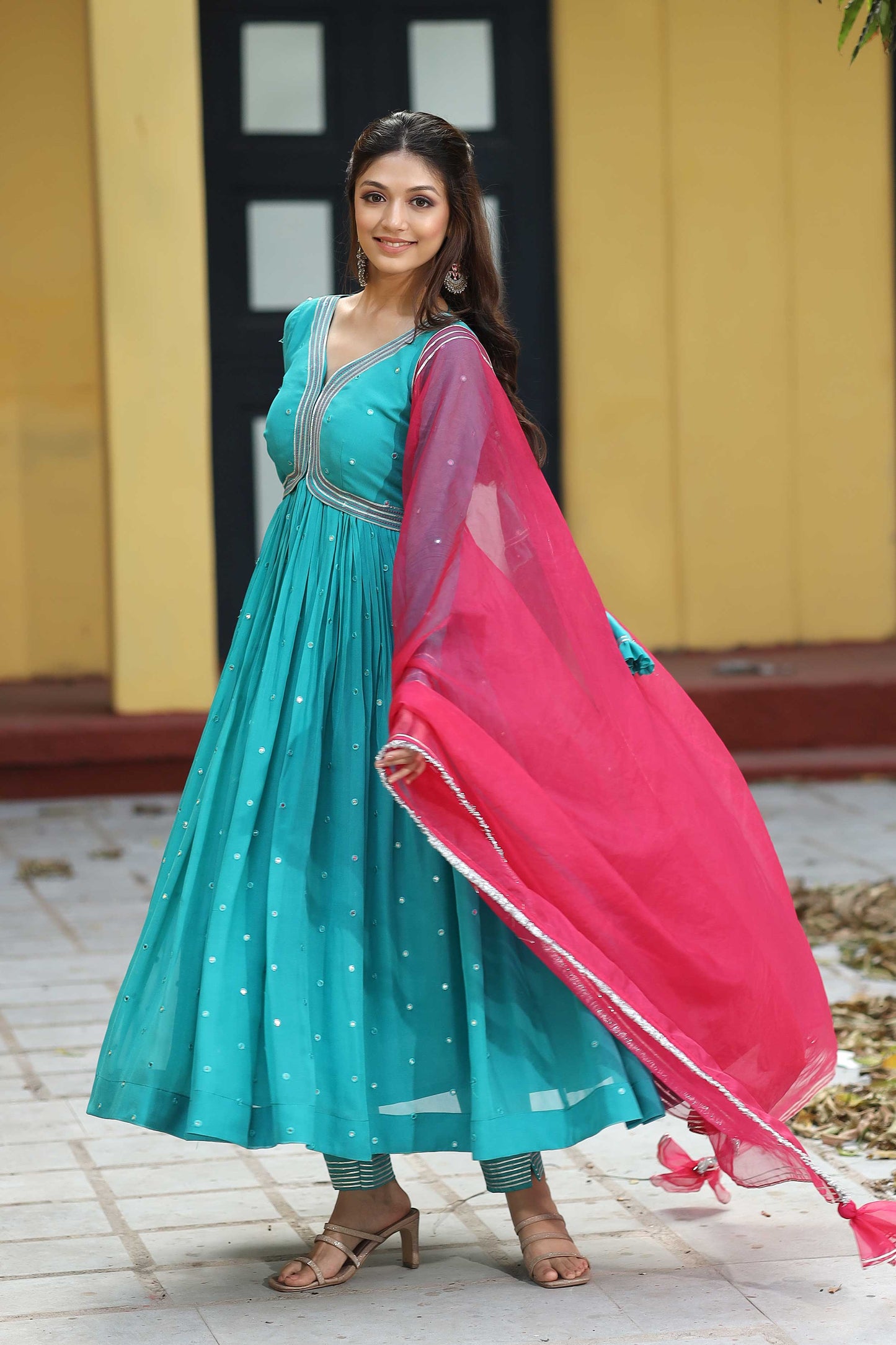 Ratrani Teal Blue Georgette Anarkali Suit Set PC755