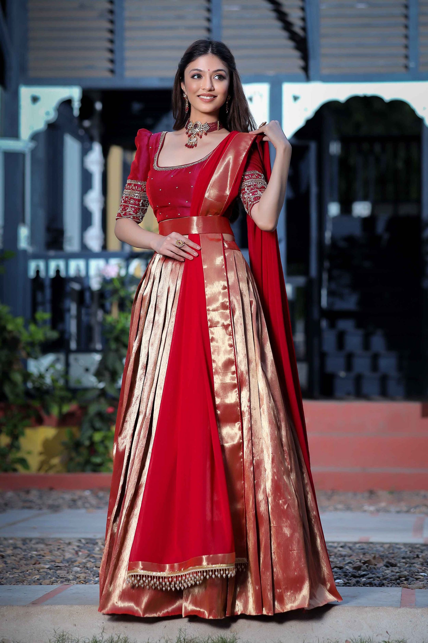 Saffron Half Saree Set In Wine PC736