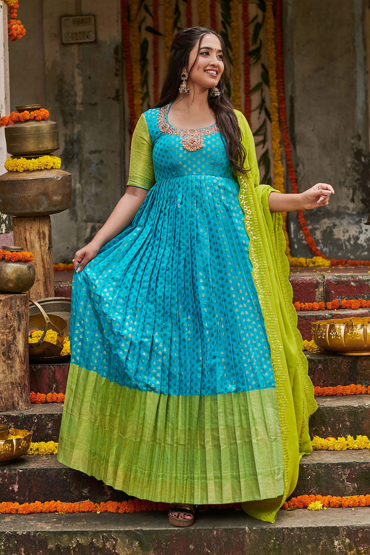 SEA BLUE BANARASI DRESS BK662N