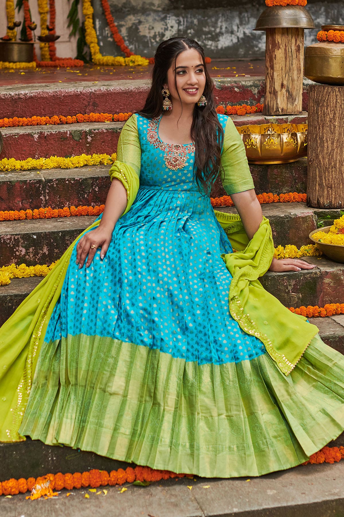 SEA BLUE BANARASI DRESS BK662N