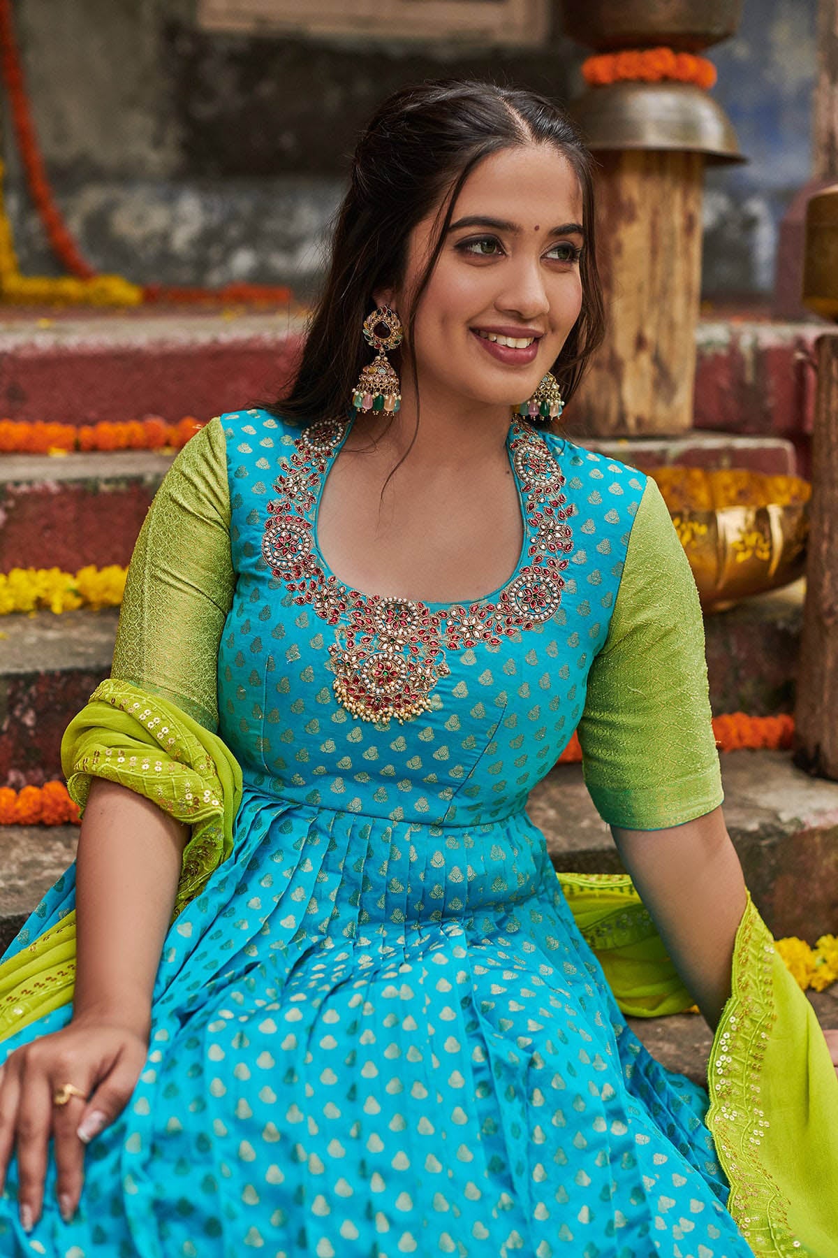 SEA BLUE BANARASI DRESS BK662N