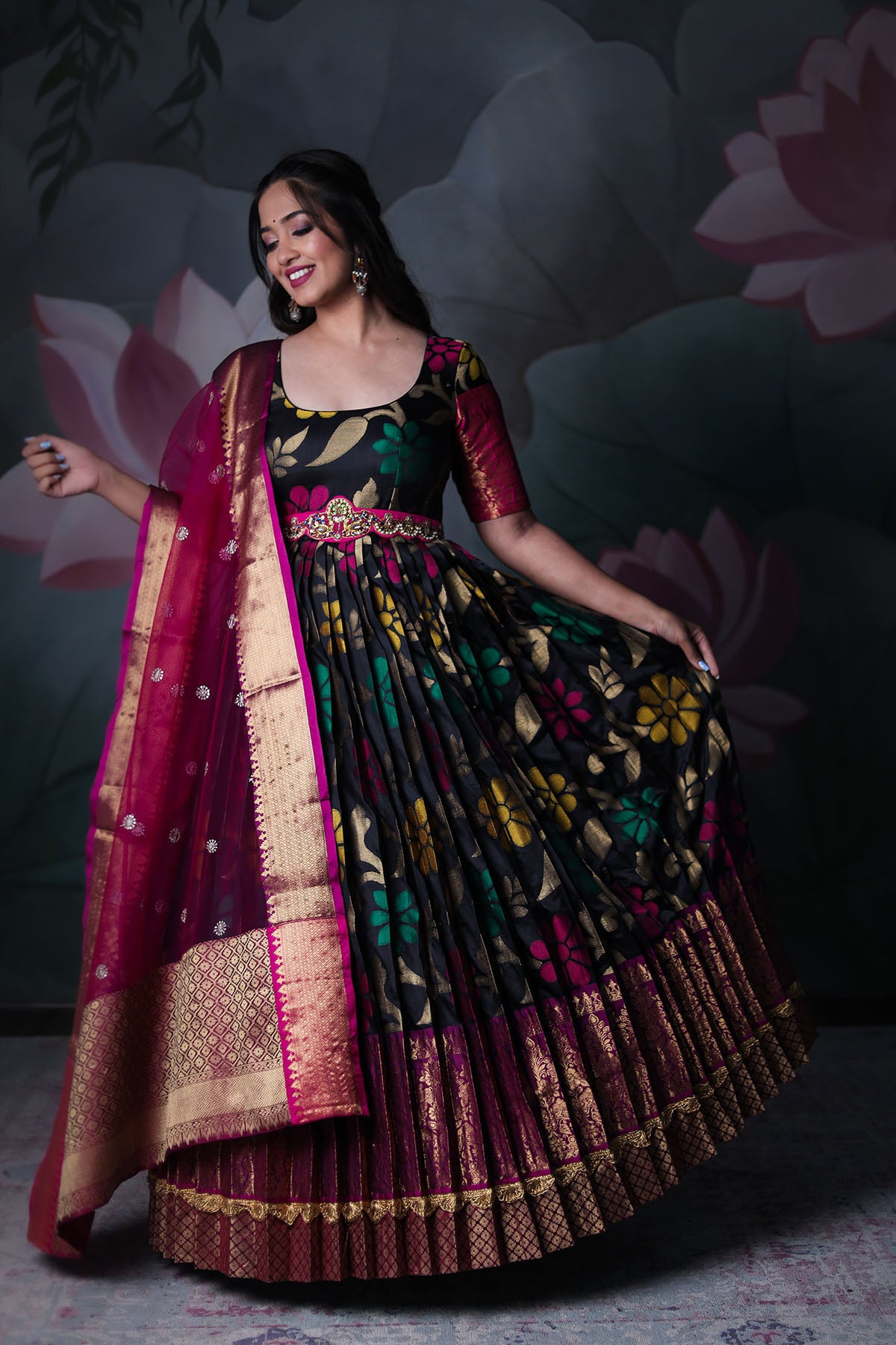 Vinya Maxi Dresses  Buy Vinya Silver  Pink Fit  Flare Fan Pleated Silk  Jacquard Dress With Zari Borders Online  Nykaa Fashion