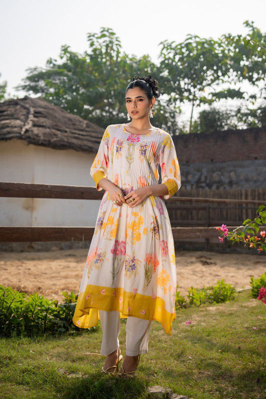 Yellow Pastel Garden Mul Cotton A Line Kurta Set