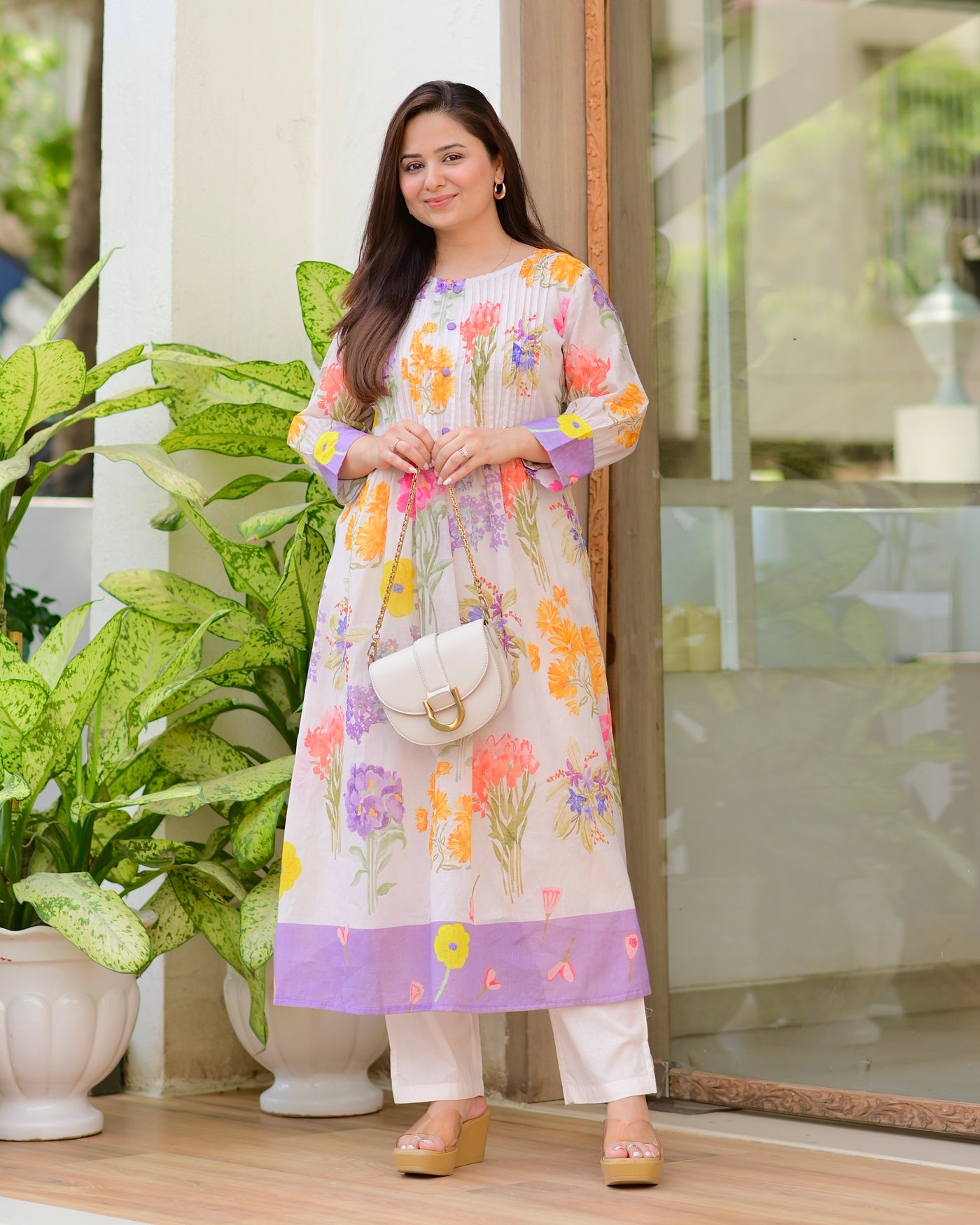 Lilac Pastel Garden Mul Cotton A Line Kurta Set