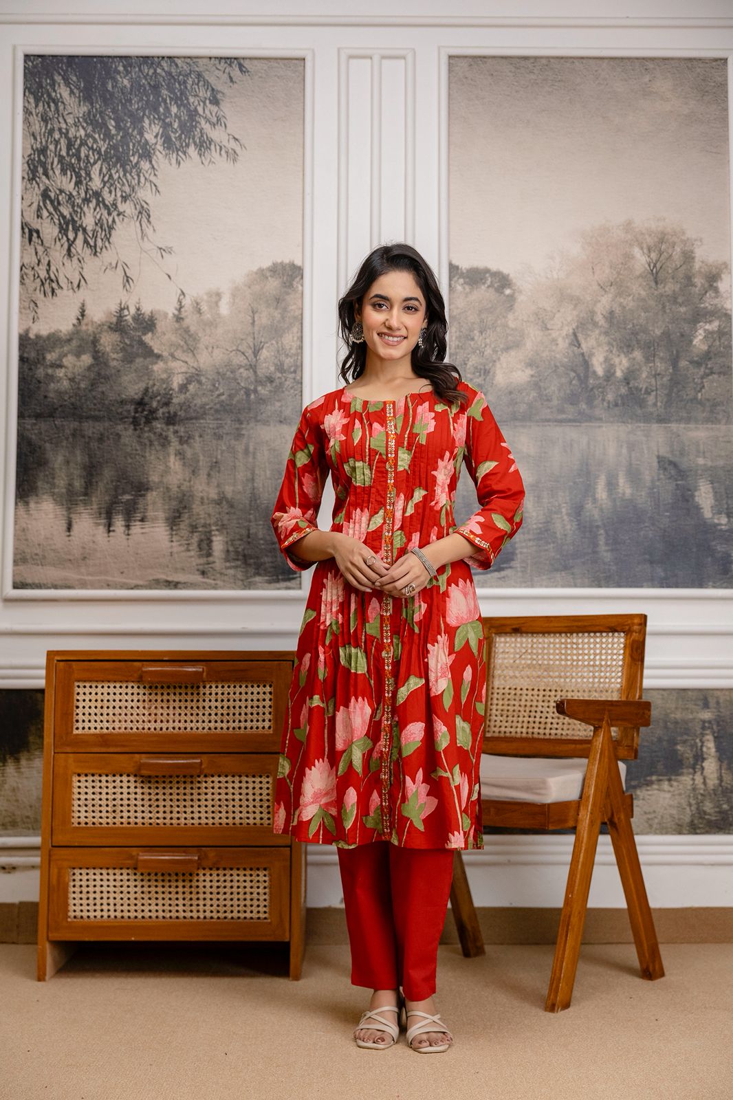Red floral pintux 3pc suit
