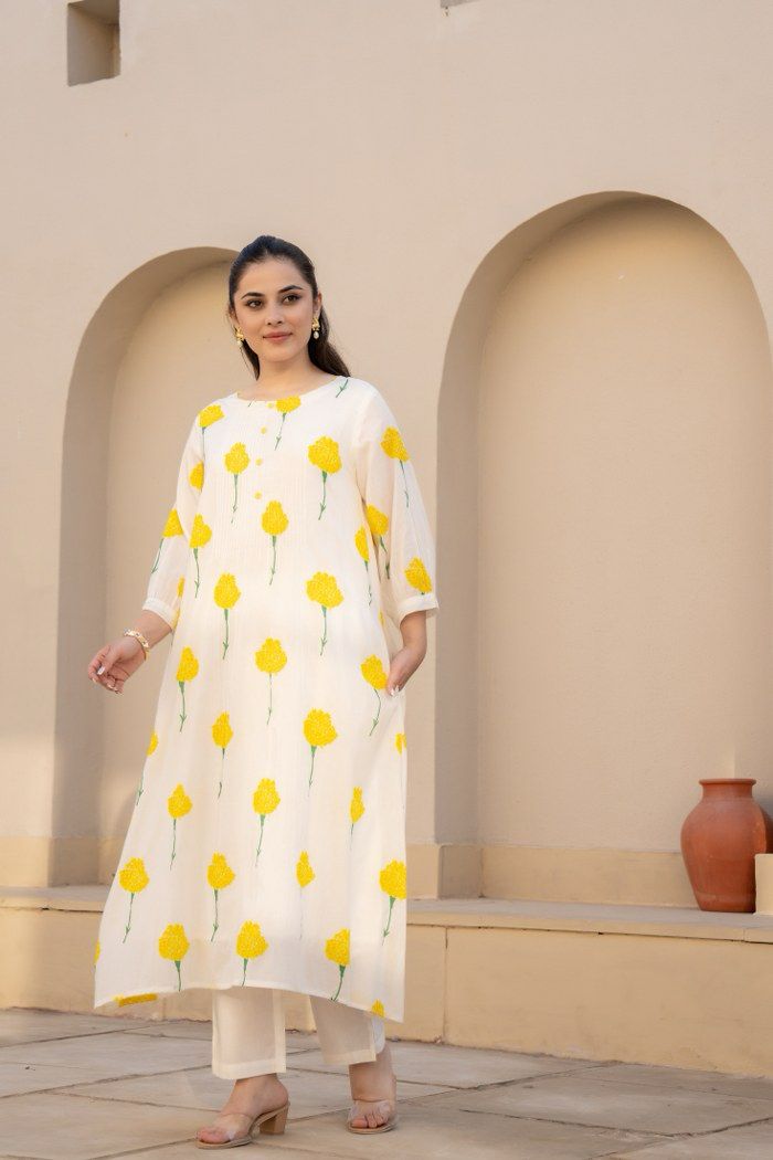 Yellow white  Mul Cotton A Line Kurta Set