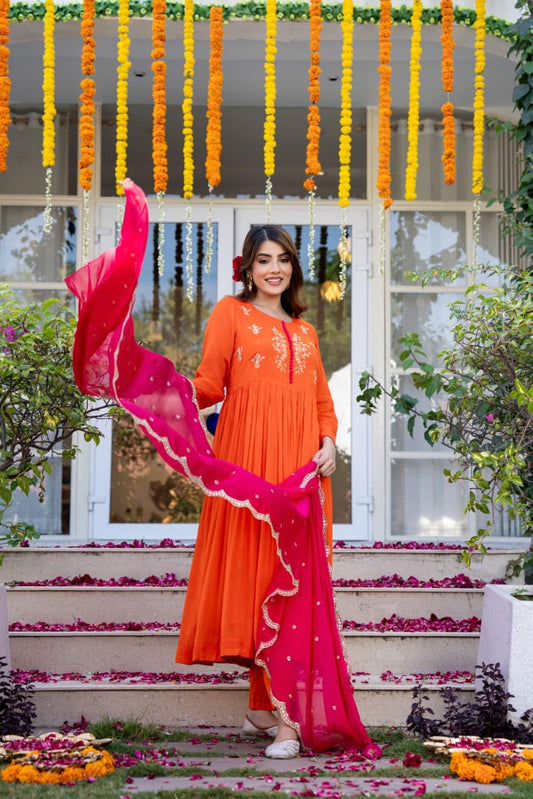 Orange chinnon suit