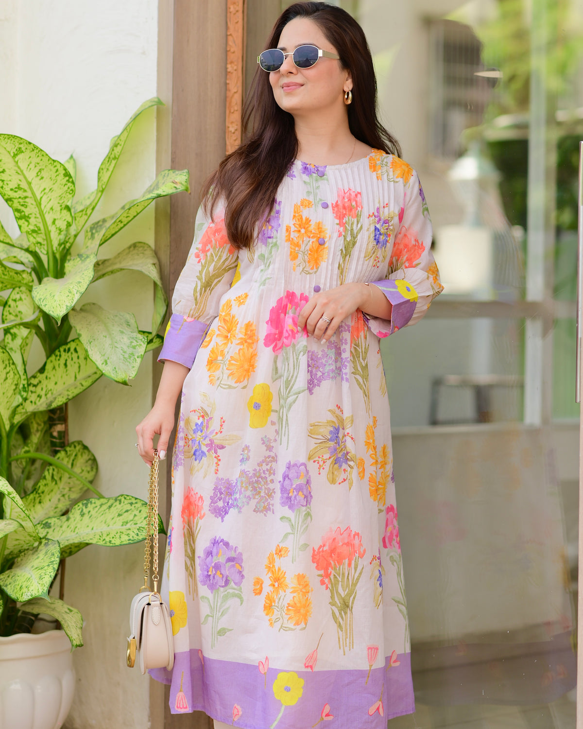 Lilac Pastel Garden Mul Cotton A Line Kurta Set