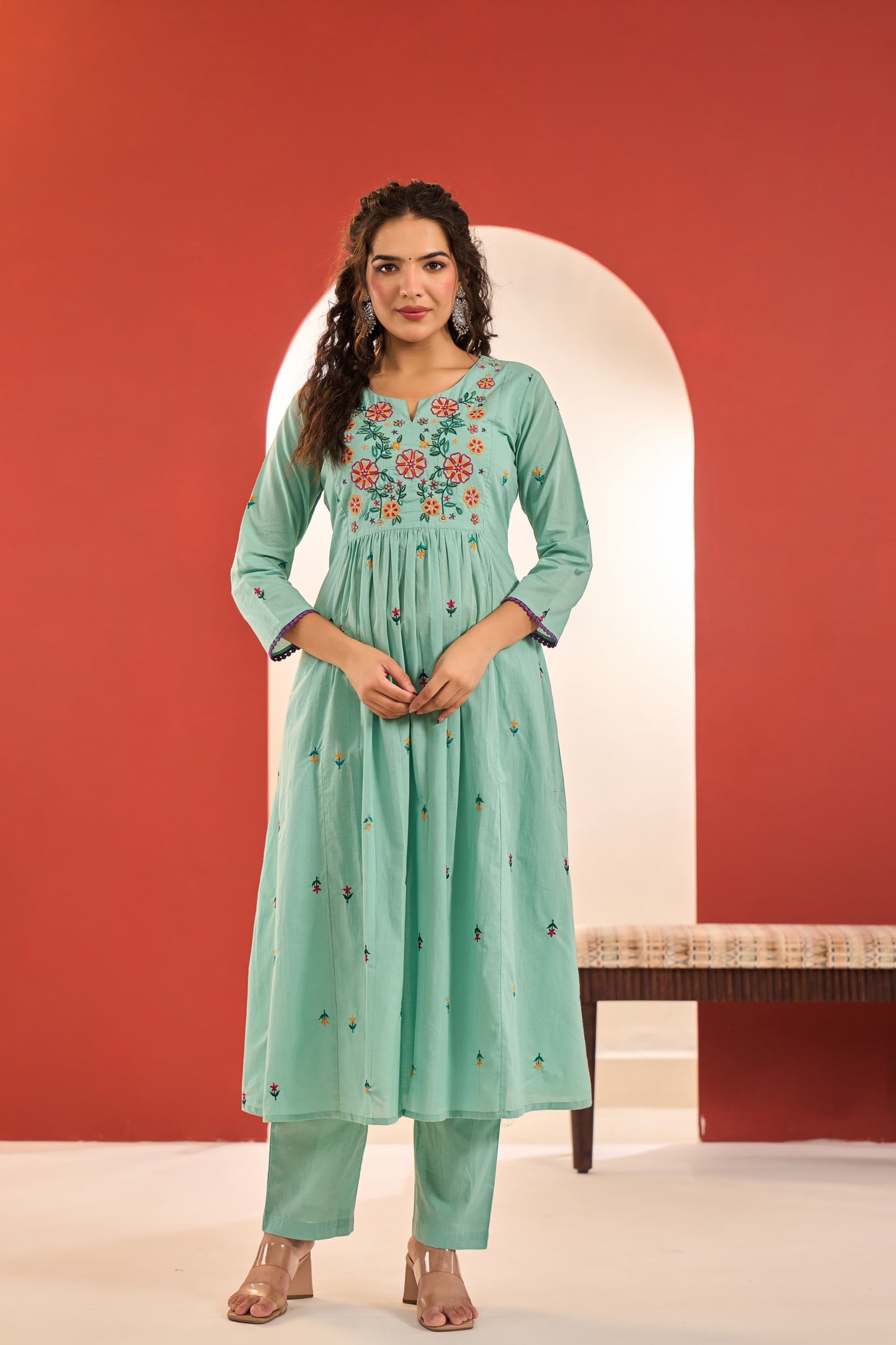 Floral embroidery Mint Mul cotton suit