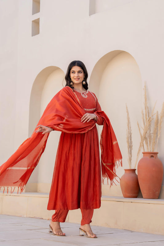 Mul chanderi orange sequence suit