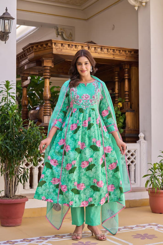 Sea green cross stitch 3pc suit