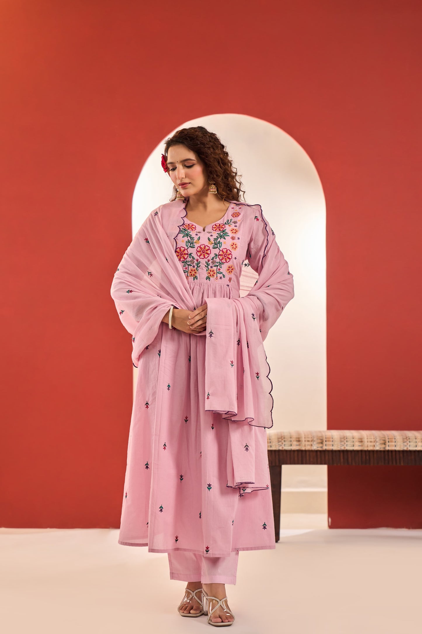 Floral embroidery Rose Mul cotton suit
