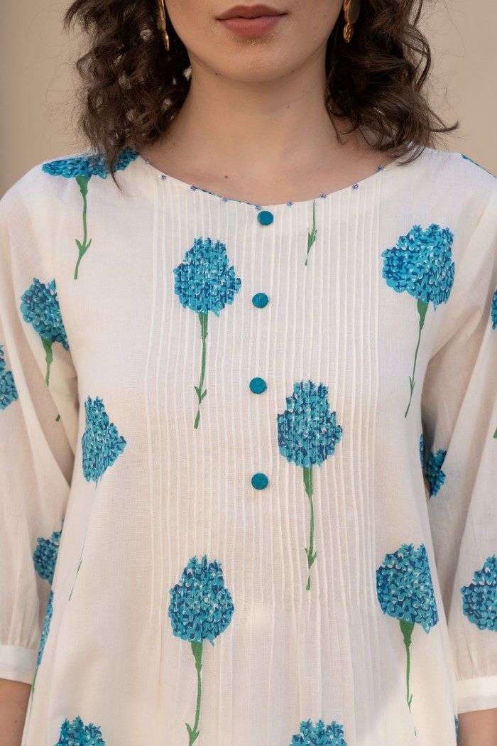 Blue white  Mul Cotton A Line Kurta Set