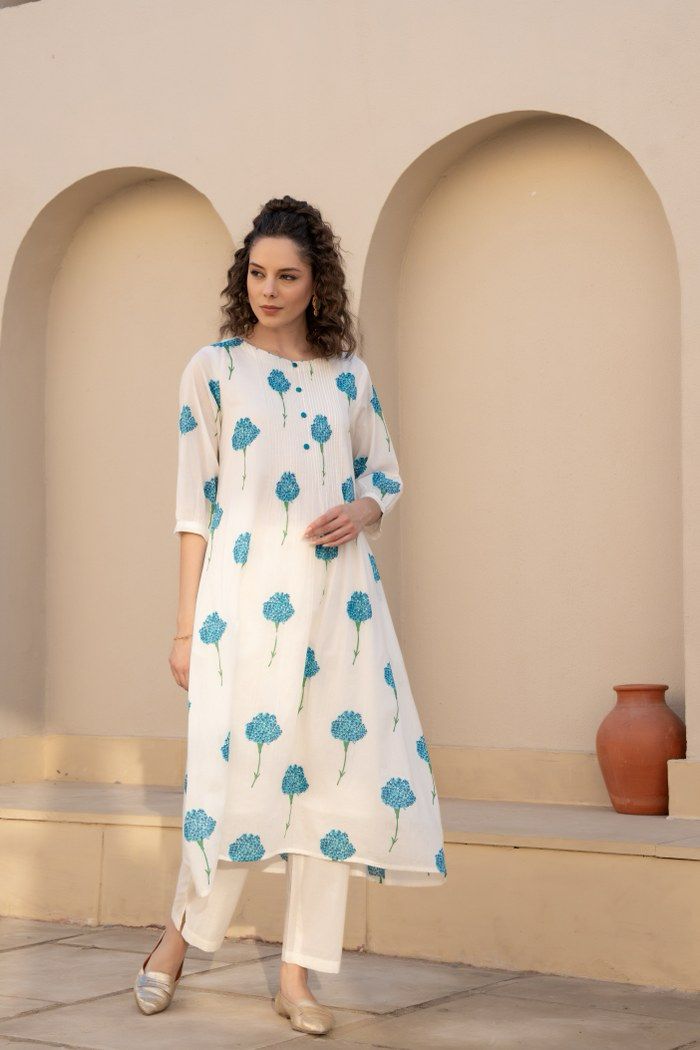 Blue white  Mul Cotton A Line Kurta Set