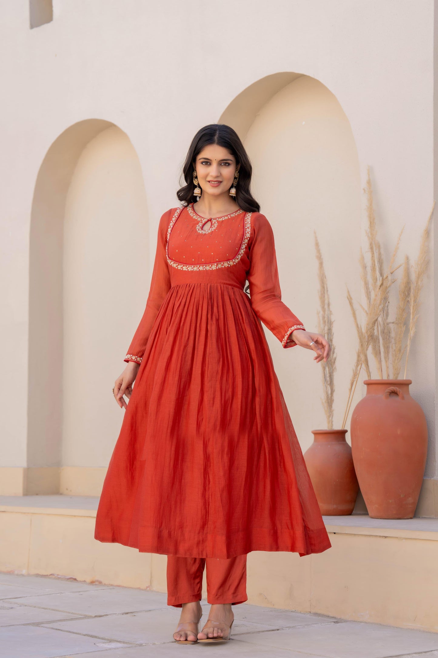 Mul chanderi orange sequence suit