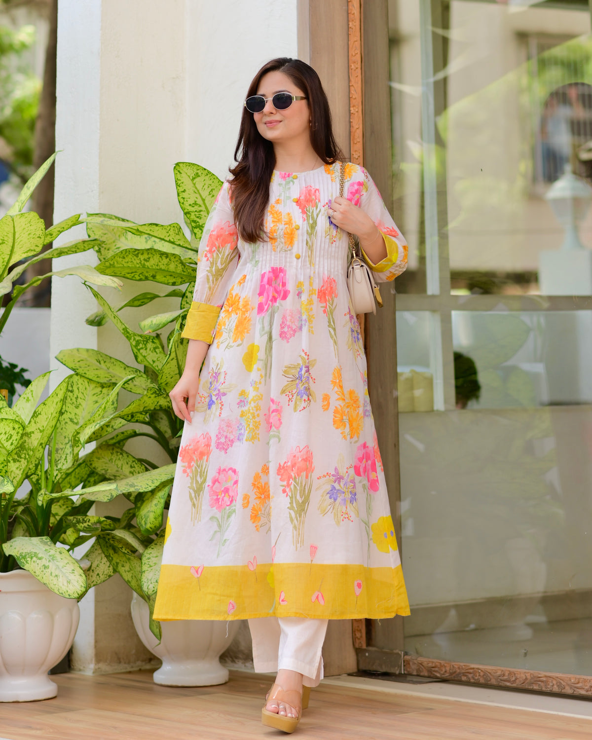 Yellow Pastel Garden Mul Cotton A Line Kurta Set