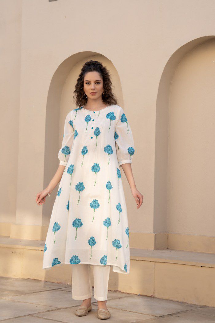 Blue white  Mul Cotton A Line Kurta Set