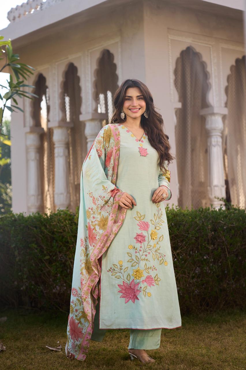 Mint Blossom Chanderi Suit Set