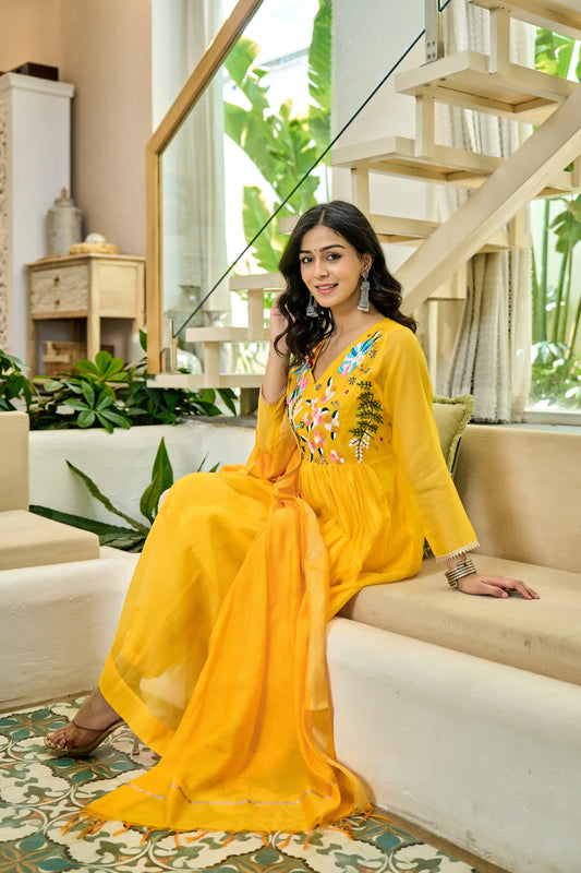 Handwork mul chanderi  yellow suit