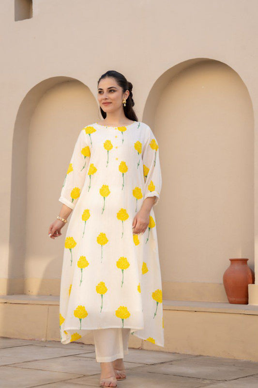 Yellow white  Mul Cotton A Line Kurta Set