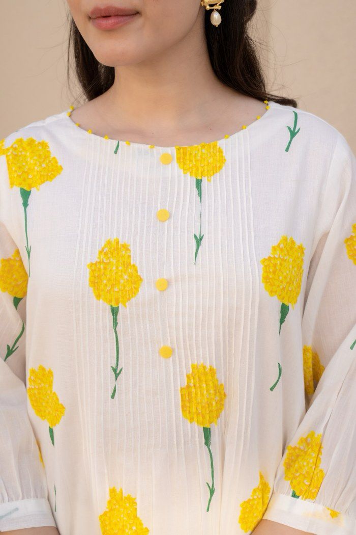 Yellow white  Mul Cotton A Line Kurta Set