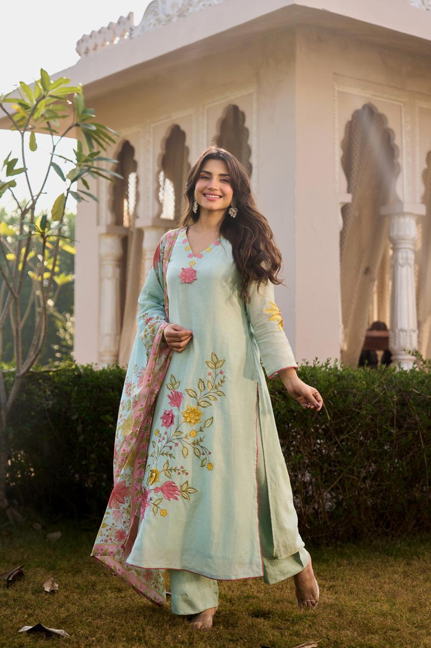 Mint Blossom Chanderi Suit Set