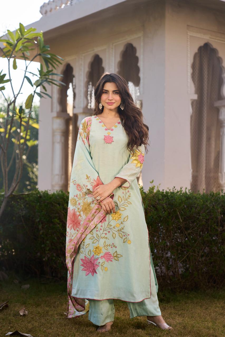 Mint Blossom Chanderi Suit Set