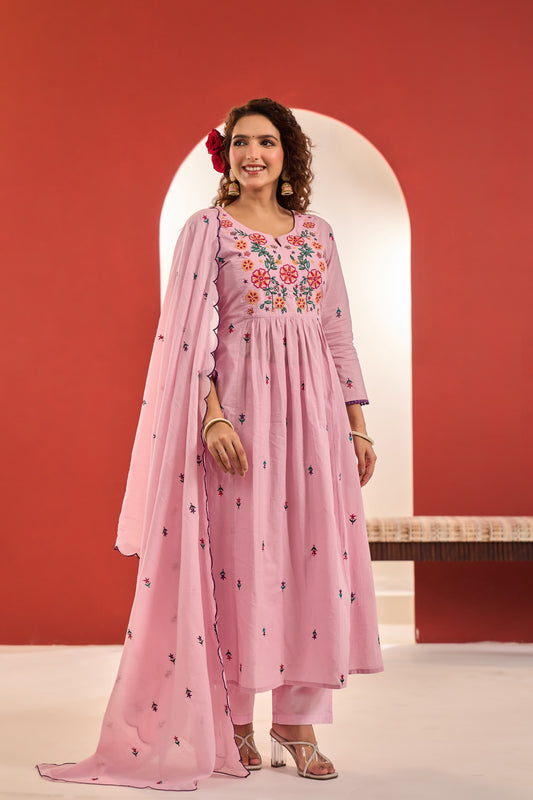 Floral embroidery Rose Mul cotton suit