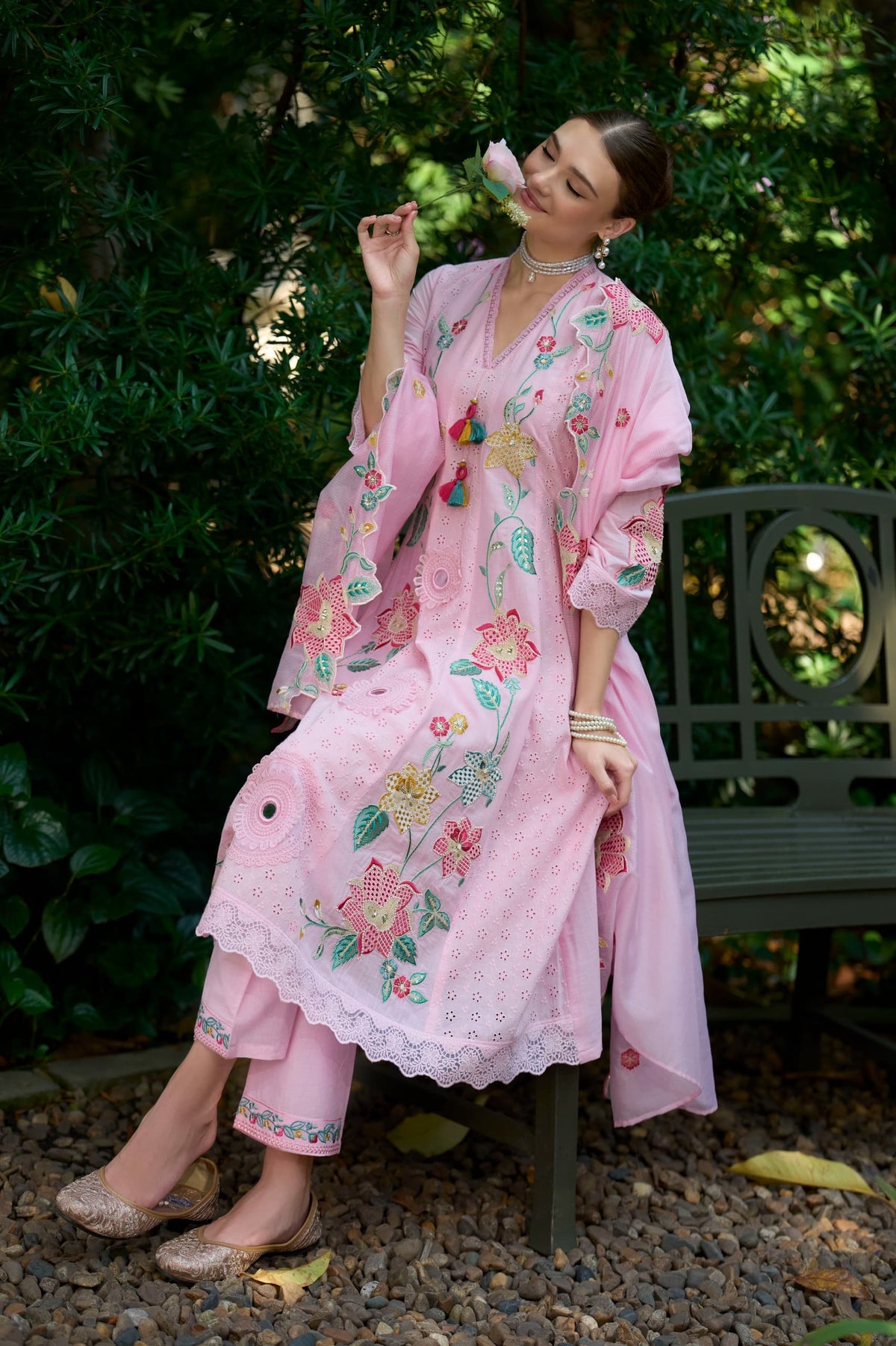 Pink Premium Cotton Embroidered Kurta Set with Cutwork Dupatta