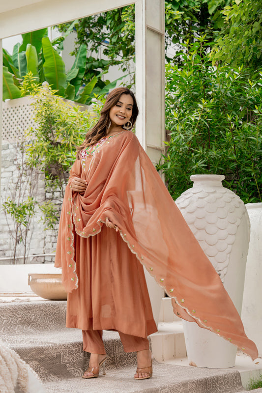 Handwork mul chanderi brown suit