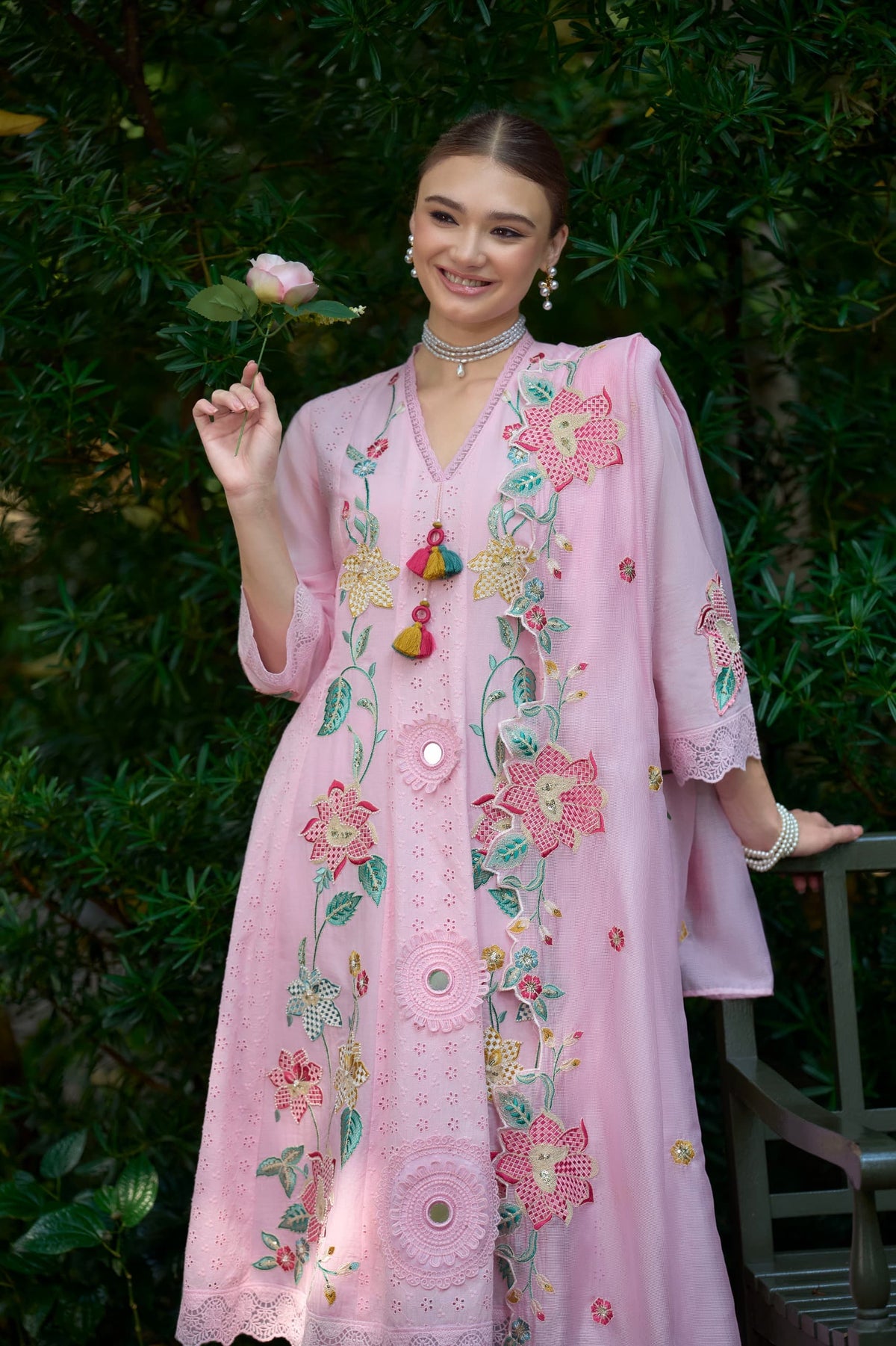 Pink Premium Cotton Embroidered Kurta Set with Cutwork Dupatta