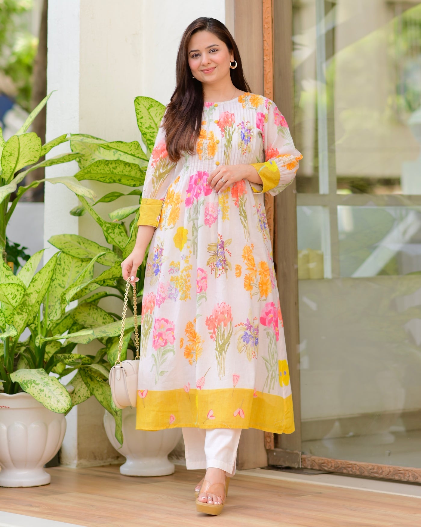 Yellow Pastel Garden Mul Cotton A Line Kurta Set