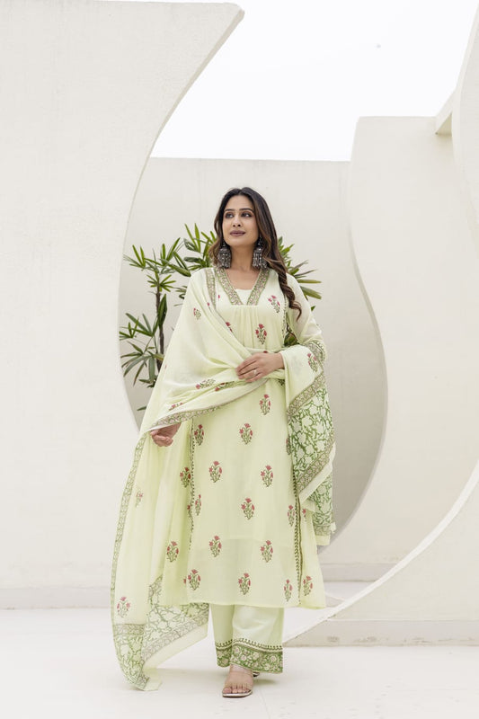 Green Cotton block print Suit Set