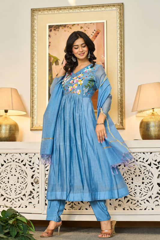 Handwork mul chanderi  blue suit