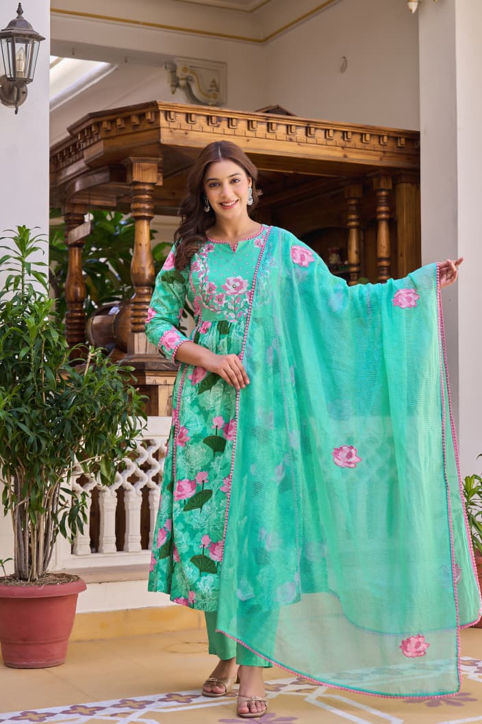 Sea green cross stitch 3pc suit