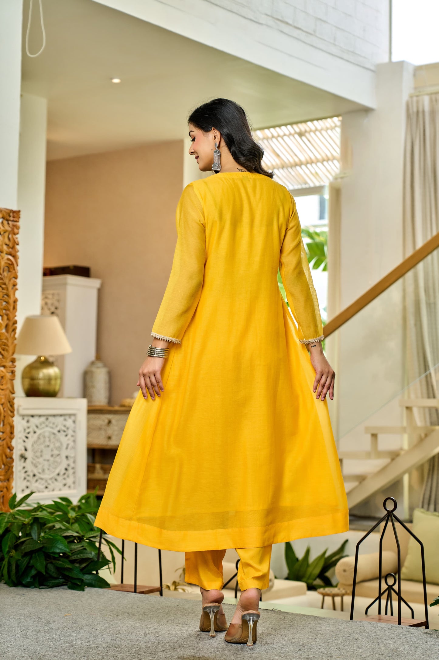 Handwork mul chanderi  yellow suit