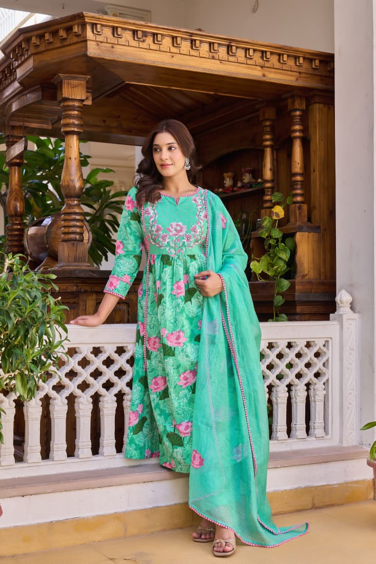 Sea green cross stitch 3pc suit