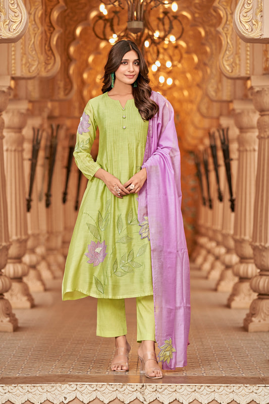 Applique mul chanderi green suit