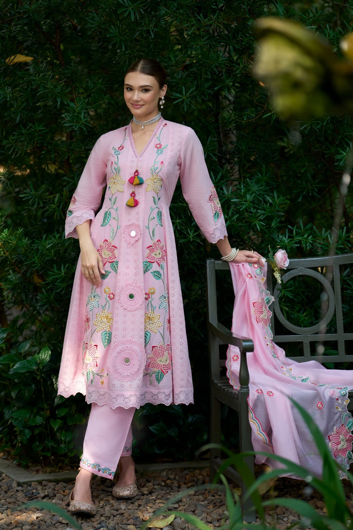 Pink Premium Cotton Embroidered Kurta Set with Cutwork Dupatta
