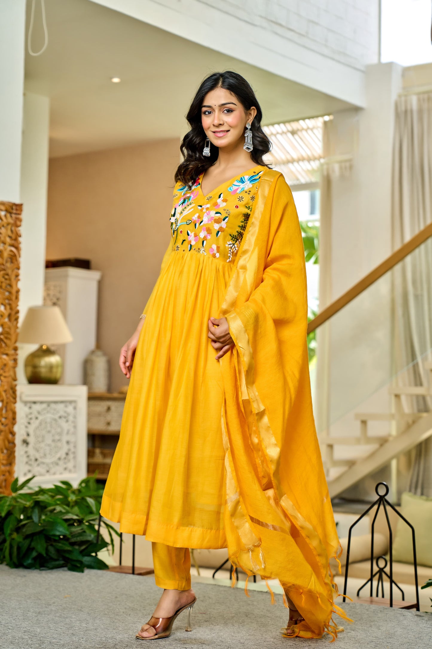 Handwork mul chanderi  yellow suit