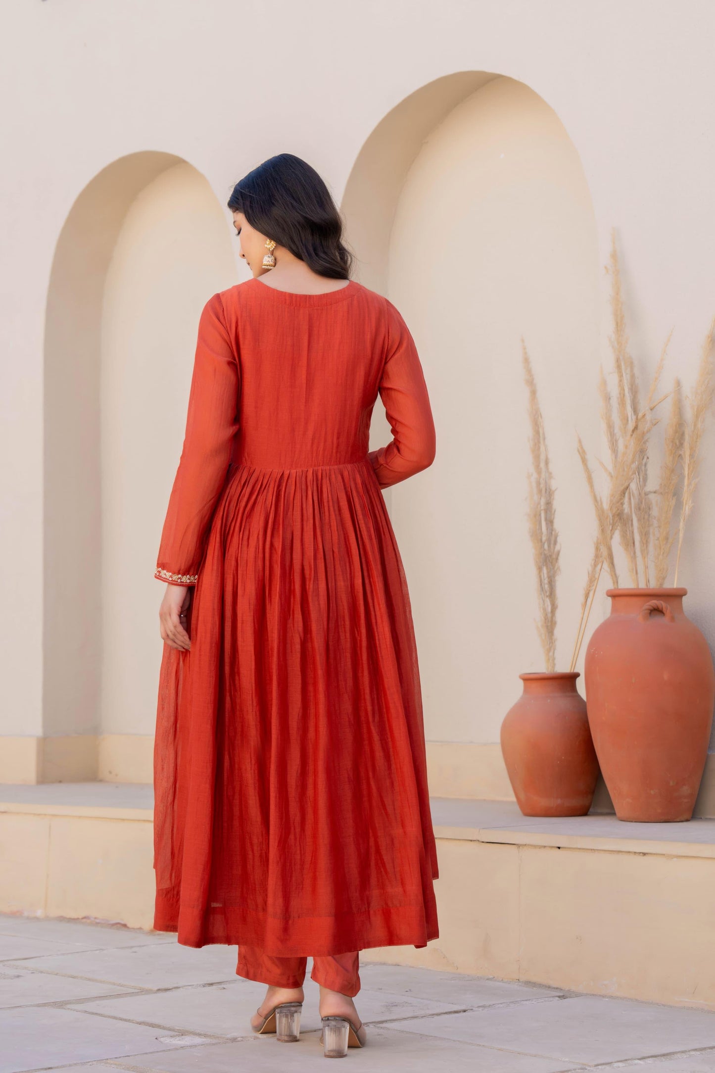 Mul chanderi orange sequence suit