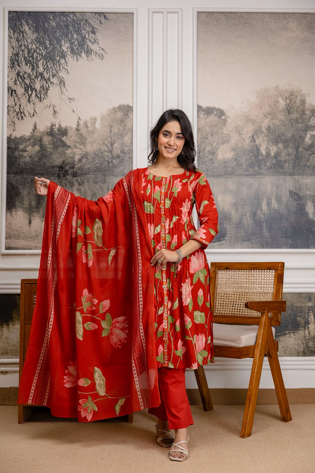 Red floral pintux 3pc suit