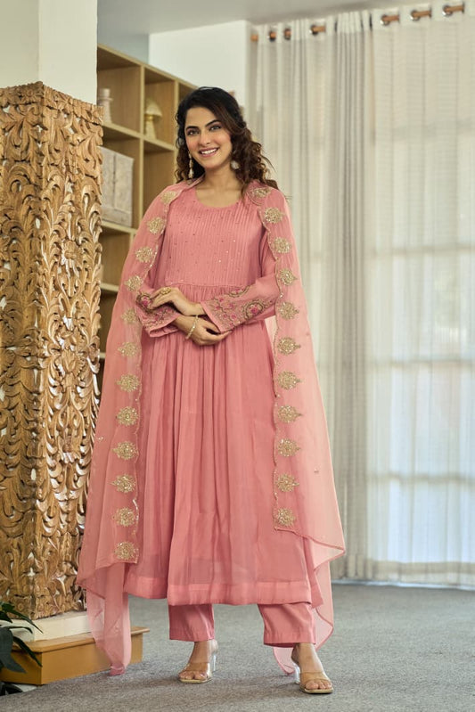 Peach mul chanderi Suit Set