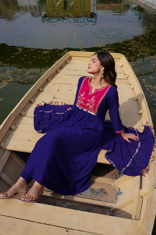 Royal blue & purple mul chanderi suit