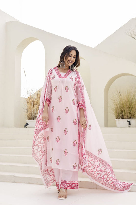 Pink Cotton block print Suit Set