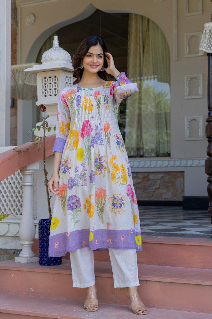 Lilac Pastel Garden Mul Cotton A Line Kurta Set
