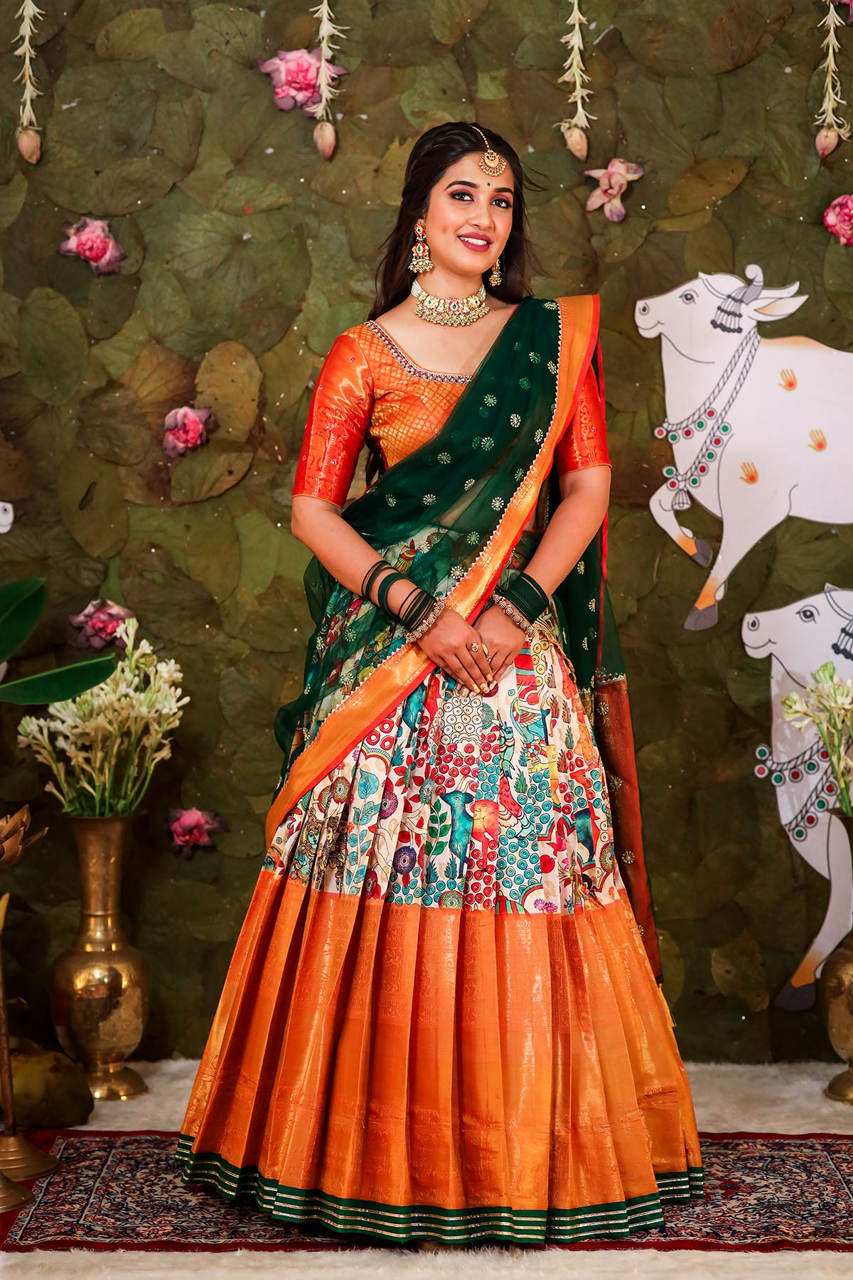 Mustard and Sea Green Half Saree Set - ANJU SHANKAR LABEL