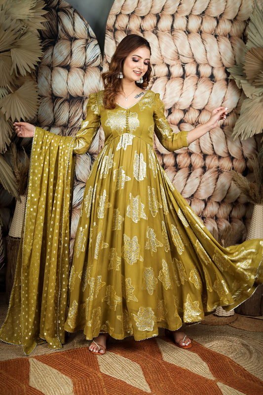 Olive Jeqcard Anarkali Dress BK610N