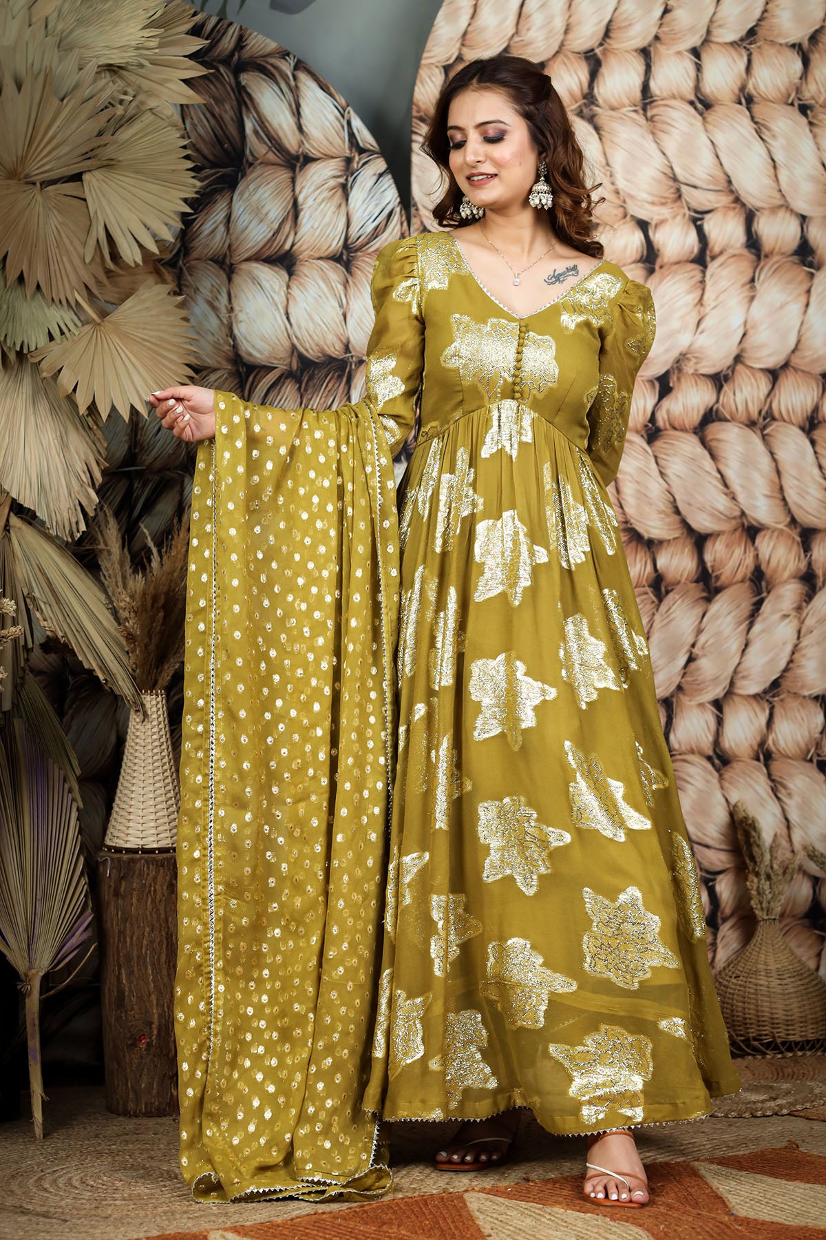 Olive Jeqcard Anarkali Dress BK610N