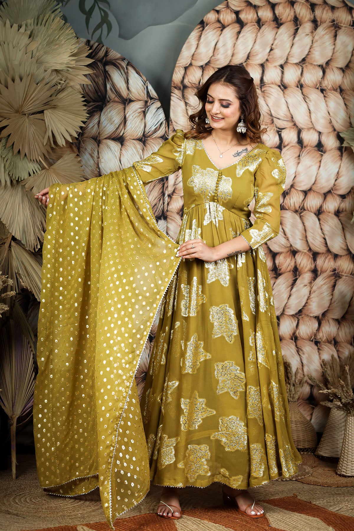 Olive Jeqcard Anarkali Dress BK610N